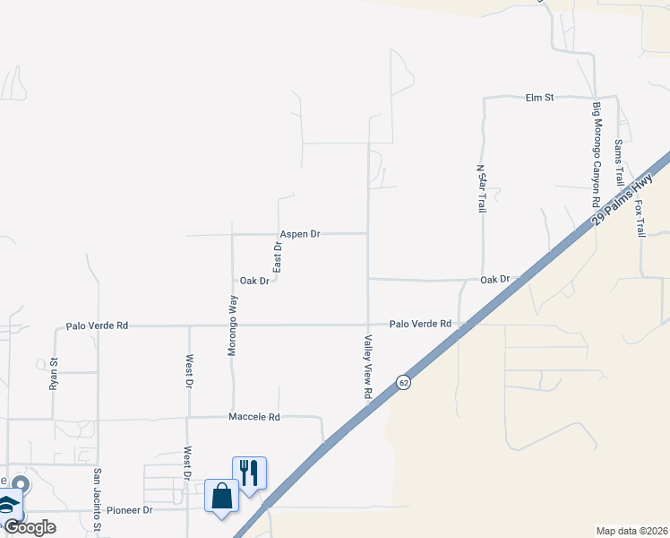 map of restaurants, bars, coffee shops, grocery stores, and more near 50234 Oak Drive in Morongo Valley