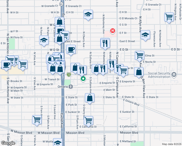 map of restaurants, bars, coffee shops, grocery stores, and more near 1329 North Sultana Avenue in Ontario