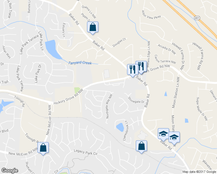 map of restaurants, bars, coffee shops, grocery stores, and more near 2599 Willow Grove Road in Acworth