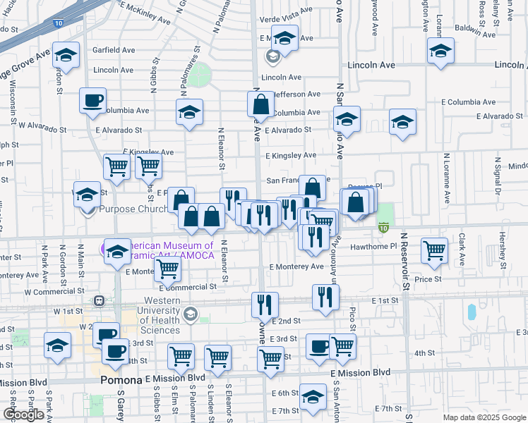 map of restaurants, bars, coffee shops, grocery stores, and more near 570 North Towne Avenue in Pomona