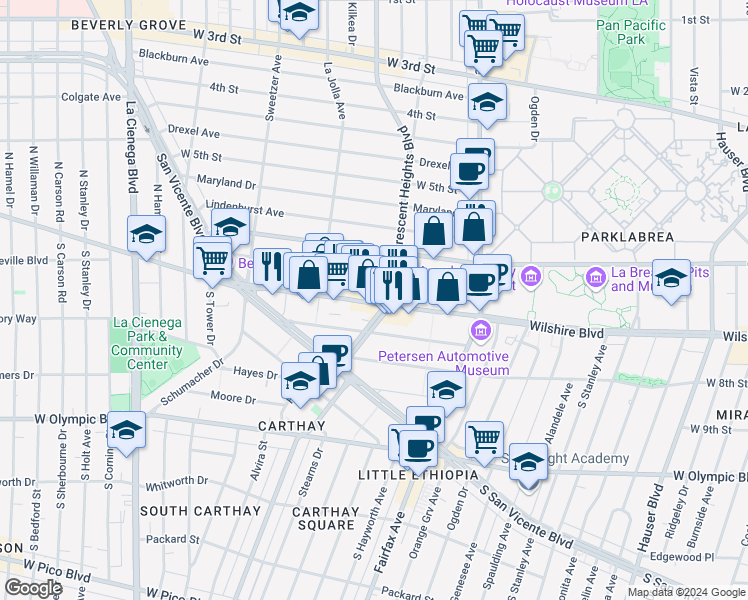 map of restaurants, bars, coffee shops, grocery stores, and more near 6317 Wilshire Boulevard in Los Angeles