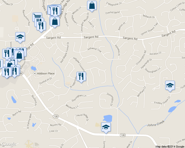 map of restaurants, bars, coffee shops, grocery stores, and more near 230 Bristol Stone Lane in Johns Creek