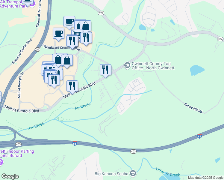map of restaurants, bars, coffee shops, grocery stores, and more near 1804 Appaloosa Lane in Buford