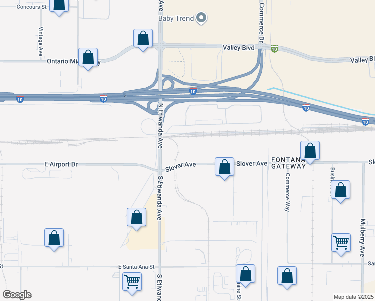 map of restaurants, bars, coffee shops, grocery stores, and more near 13032 Slover Avenue in Fontana