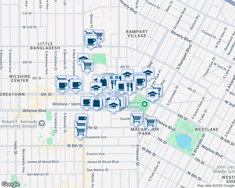 map of restaurants, bars, coffee shops, grocery stores, and more near 600 South Virgil Avenue in Los Angeles