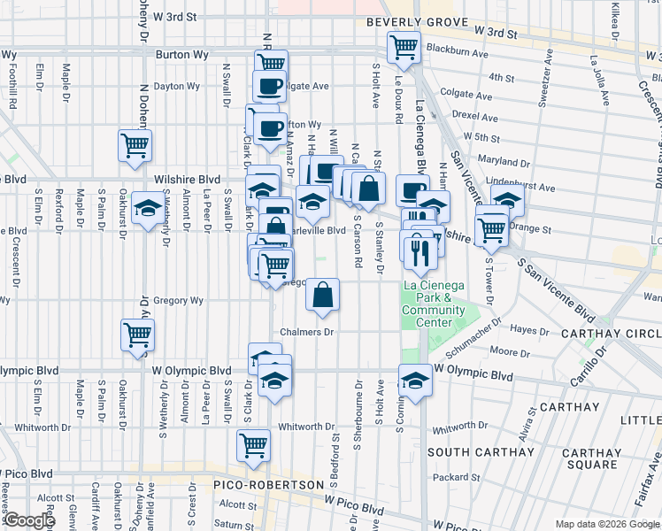 map of restaurants, bars, coffee shops, grocery stores, and more near 219 South Willaman Drive in Beverly Hills