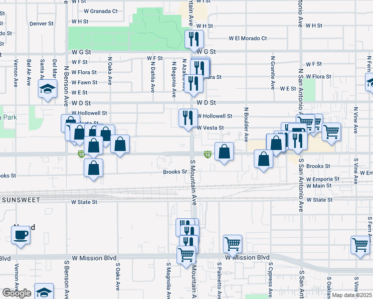 map of restaurants, bars, coffee shops, grocery stores, and more near 1100 West Holt Boulevard in Ontario