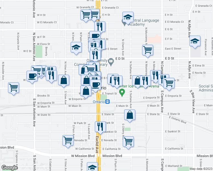 map of restaurants, bars, coffee shops, grocery stores, and more near 127 East Holt Boulevard in Ontario