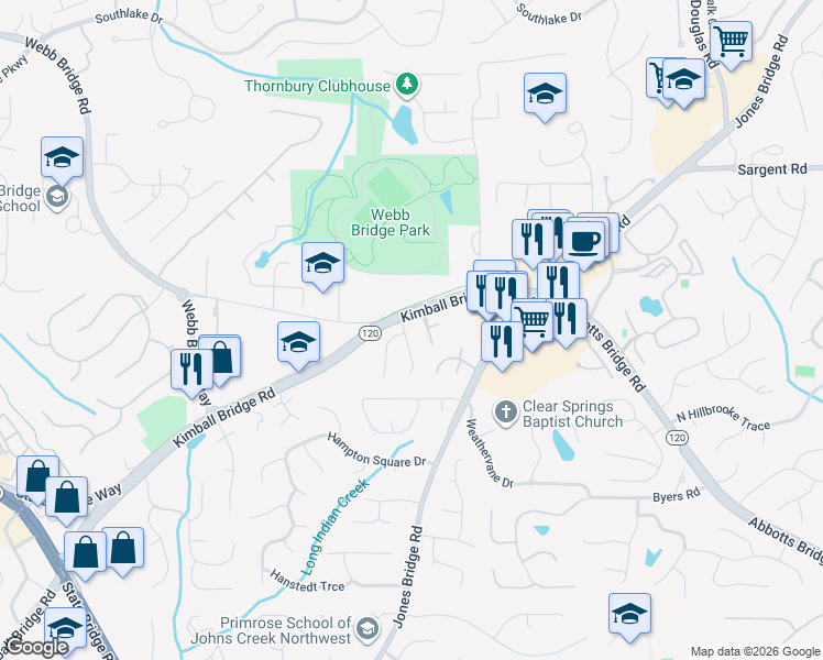 map of restaurants, bars, coffee shops, grocery stores, and more near 620 Kimball Parc Way in Alpharetta