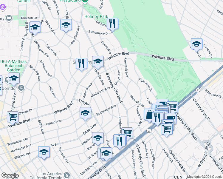 map of restaurants, bars, coffee shops, grocery stores, and more near 1307 South Beverly Glen Boulevard in Los Angeles