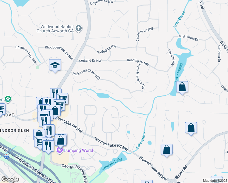 map of restaurants, bars, coffee shops, grocery stores, and more near 1325 Chandler Court Northwest in Acworth