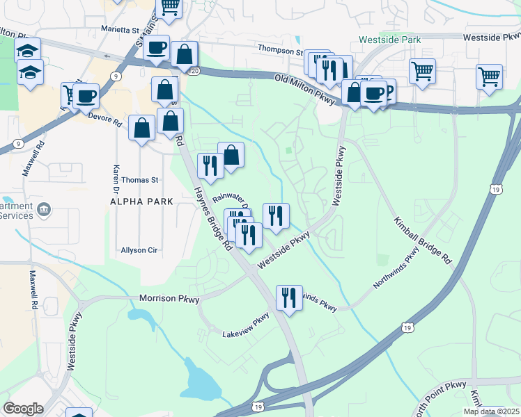map of restaurants, bars, coffee shops, grocery stores, and more near 11625 Rainwater Drive in Alpharetta