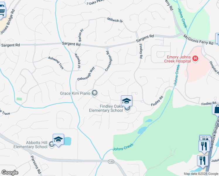 map of restaurants, bars, coffee shops, grocery stores, and more near 11735 Bentham Court in Alpharetta