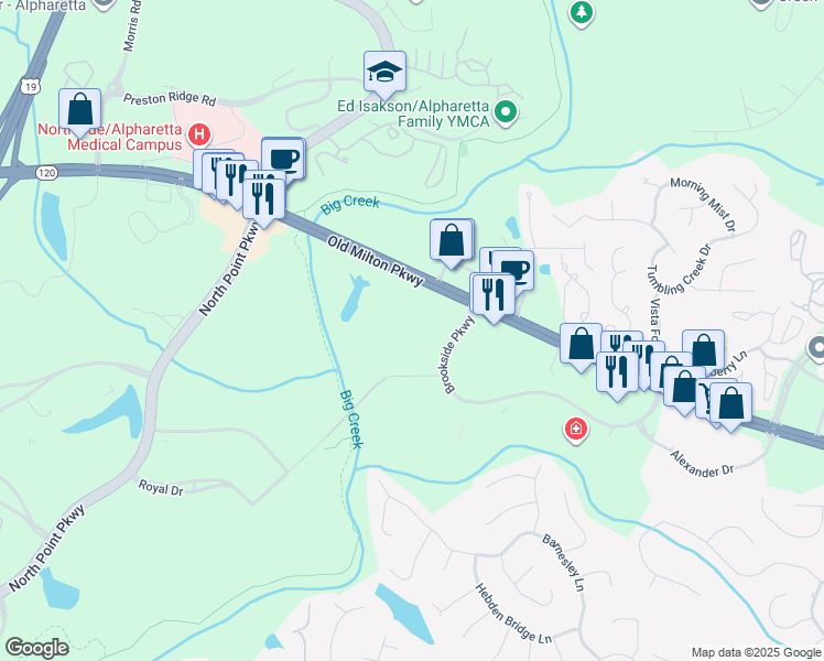 map of restaurants, bars, coffee shops, grocery stores, and more near 3655 Brookside Parkway in Alpharetta