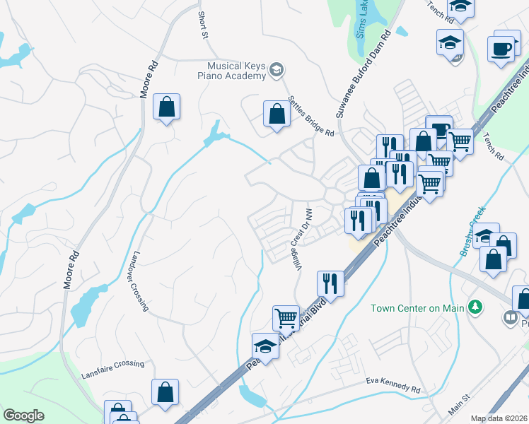 map of restaurants, bars, coffee shops, grocery stores, and more near 656 Village Manor Place in Suwanee