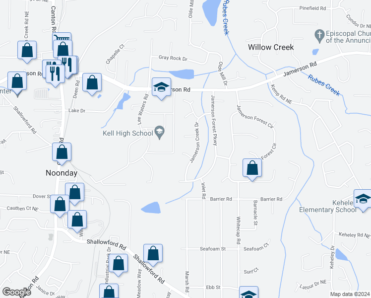map of restaurants, bars, coffee shops, grocery stores, and more near 1380 High Country Court in Marietta