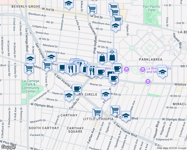 map of restaurants, bars, coffee shops, grocery stores, and more near 6245 Wilshire Boulevard in Los Angeles