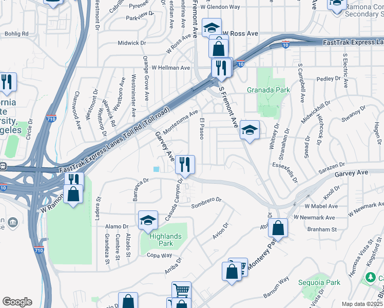 map of restaurants, bars, coffee shops, grocery stores, and more near 2520 Florentina Avenue in Alhambra