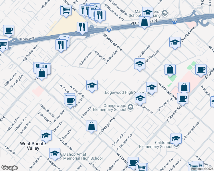 map of restaurants, bars, coffee shops, grocery stores, and more near 1433 South Rama Drive in West Covina