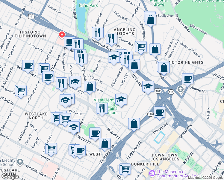 map of restaurants, bars, coffee shops, grocery stores, and more near 1272 West Court Street in Los Angeles