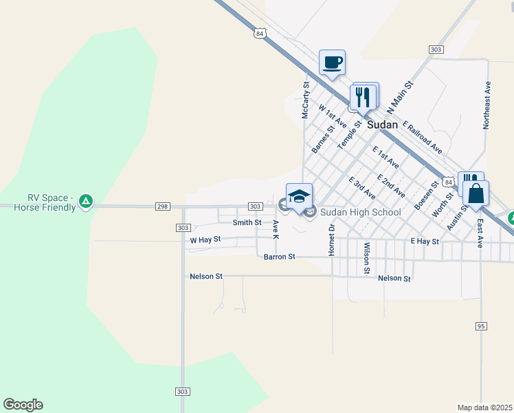 map of restaurants, bars, coffee shops, grocery stores, and more near 303 Farm to Market Road 303 in Sudan