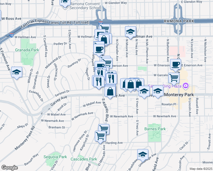 map of restaurants, bars, coffee shops, grocery stores, and more near 771 West Garvey Avenue in Monterey Park