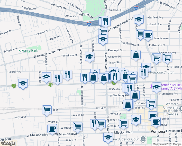 map of restaurants, bars, coffee shops, grocery stores, and more near 675 North Huntington Street in Pomona