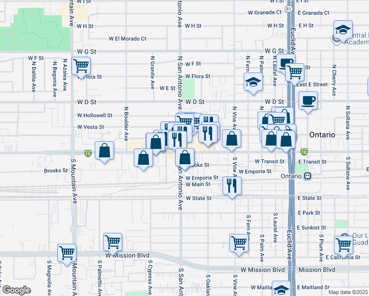 map of restaurants, bars, coffee shops, grocery stores, and more near 646 West Holt Boulevard in Ontario