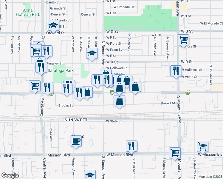 map of restaurants, bars, coffee shops, grocery stores, and more near 1520 West Holt Boulevard in Ontario