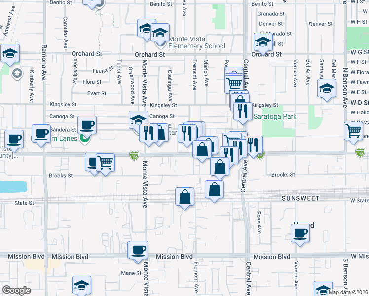 map of restaurants, bars, coffee shops, grocery stores, and more near 5074 Holt Boulevard in Montclair