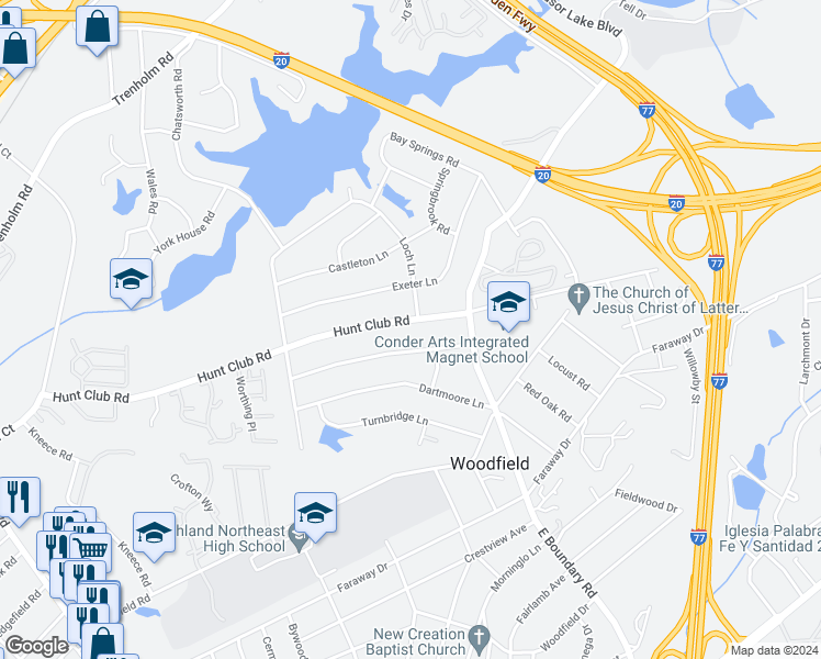 map of restaurants, bars, coffee shops, grocery stores, and more near 7842 Hunt Club Road in Columbia