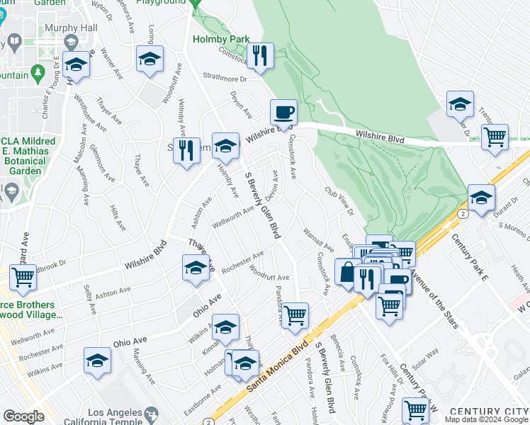 map of restaurants, bars, coffee shops, grocery stores, and more near 1333 South Beverly Glen Boulevard in Los Angeles