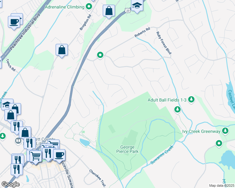 map of restaurants, bars, coffee shops, grocery stores, and more near 55 Cherrystone Walk in Suwanee