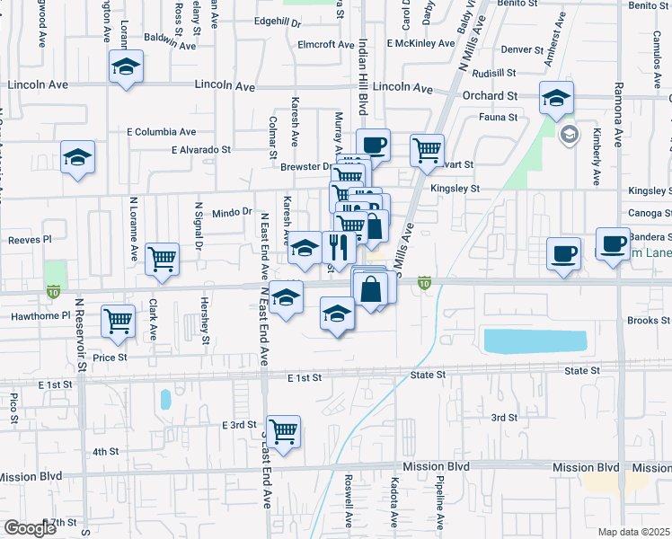 map of restaurants, bars, coffee shops, grocery stores, and more near 528 Saint Paul Street in Pomona