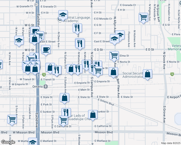 map of restaurants, bars, coffee shops, grocery stores, and more near in Ontario
