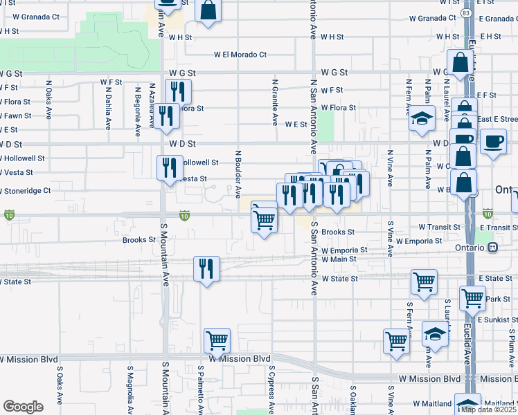 map of restaurants, bars, coffee shops, grocery stores, and more near 835 West Holt Boulevard in Ontario