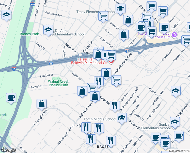 map of restaurants, bars, coffee shops, grocery stores, and more near 13157 Judith Street in Baldwin Park