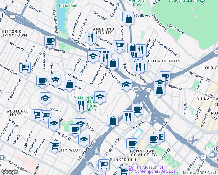 map of restaurants, bars, coffee shops, grocery stores, and more near 327 North Boylston Street in Los Angeles