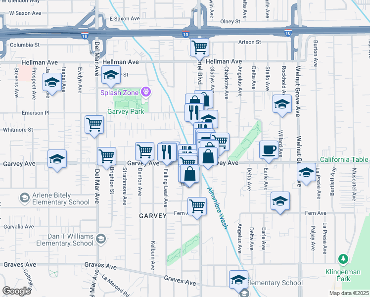 map of restaurants, bars, coffee shops, grocery stores, and more near 8105 Garvey Avenue in Rosemead
