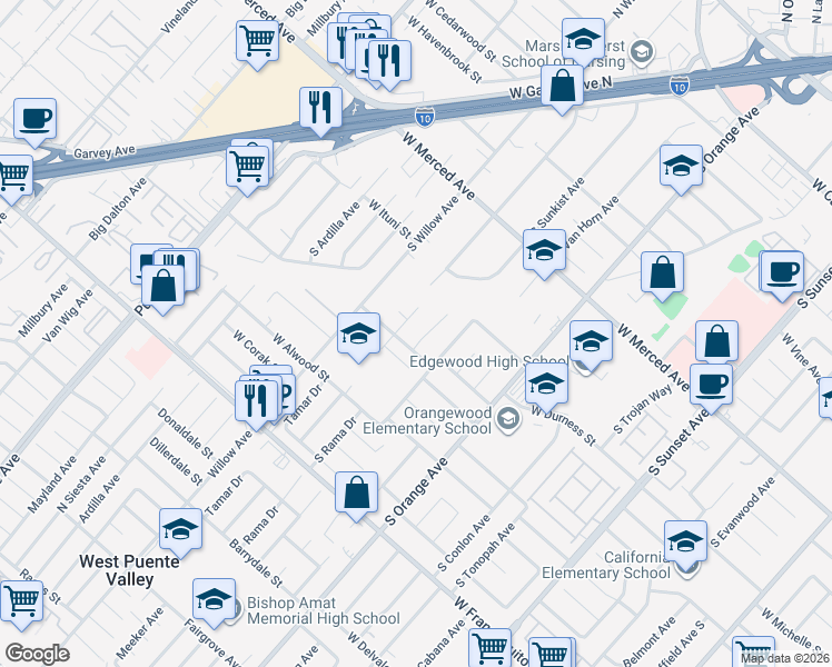 map of restaurants, bars, coffee shops, grocery stores, and more near 1433 South Rama Drive in West Covina