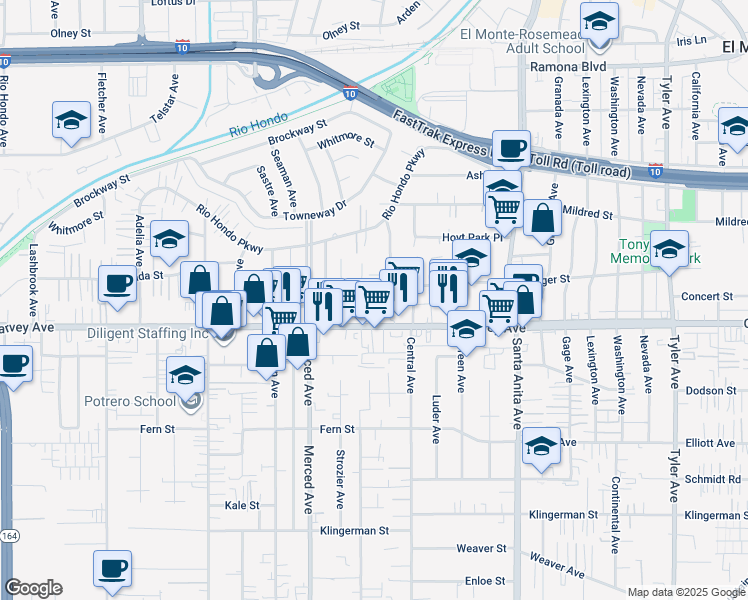 map of restaurants, bars, coffee shops, grocery stores, and more near 10124 Bodger Street in El Monte