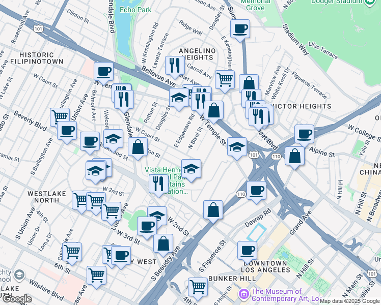 map of restaurants, bars, coffee shops, grocery stores, and more near 306 North Bixel Street in Los Angeles