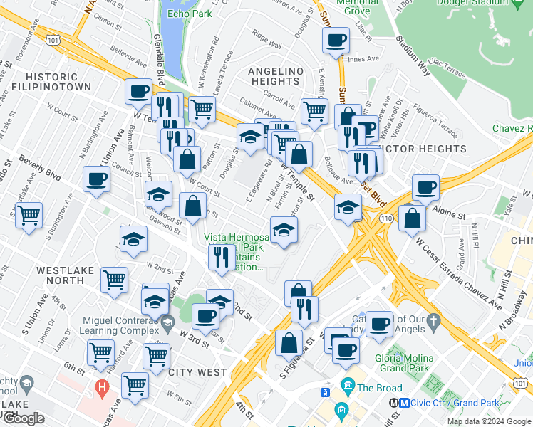 map of restaurants, bars, coffee shops, grocery stores, and more near 306 North Bixel Street in Los Angeles