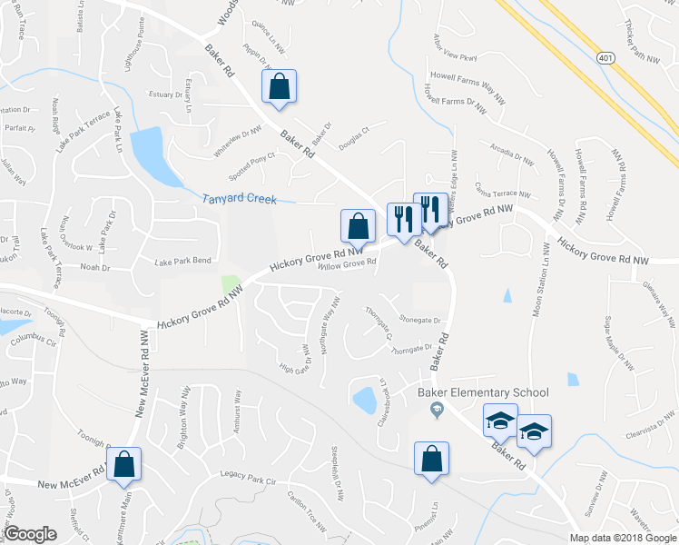 map of restaurants, bars, coffee shops, grocery stores, and more near 2585 Willow Grove Road in Acworth
