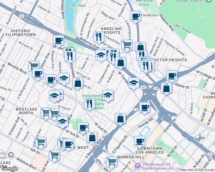 map of restaurants, bars, coffee shops, grocery stores, and more near 306 North Bixel Street in Los Angeles