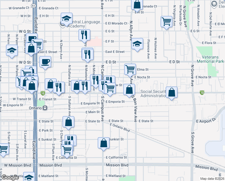 map of restaurants, bars, coffee shops, grocery stores, and more near 741 East Holt Boulevard in Ontario