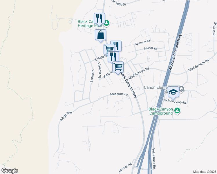 map of restaurants, bars, coffee shops, grocery stores, and more near 34610 Vine Street in Black Canyon City