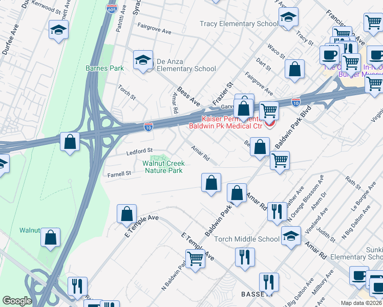 map of restaurants, bars, coffee shops, grocery stores, and more near 13030 Amar Road in Baldwin Park