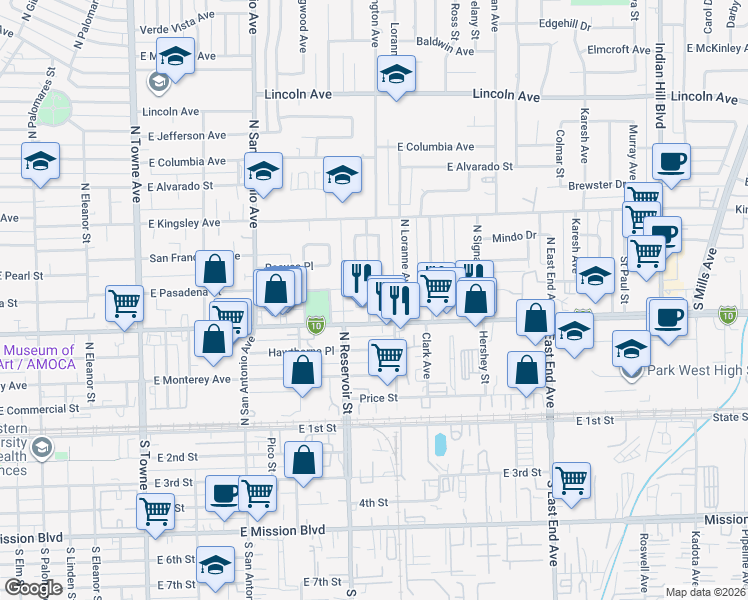 map of restaurants, bars, coffee shops, grocery stores, and more near in Pomona