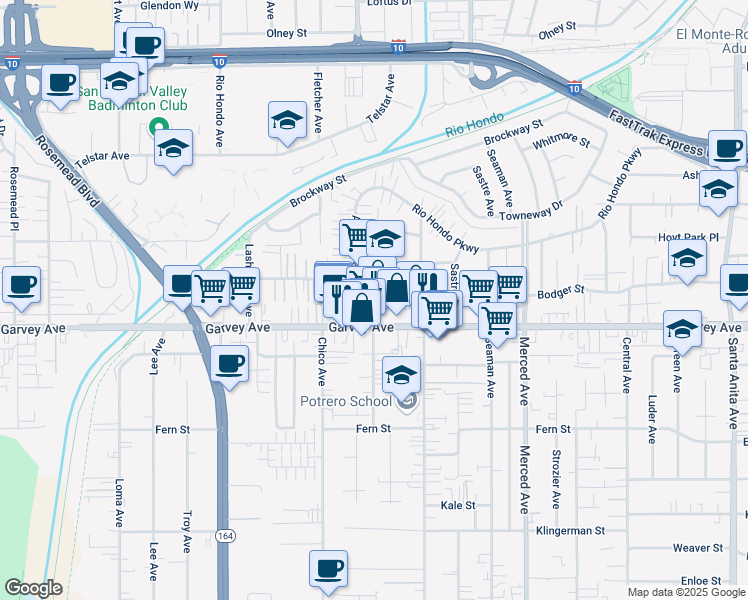 map of restaurants, bars, coffee shops, grocery stores, and more near 9661 Garvey Avenue in South El Monte